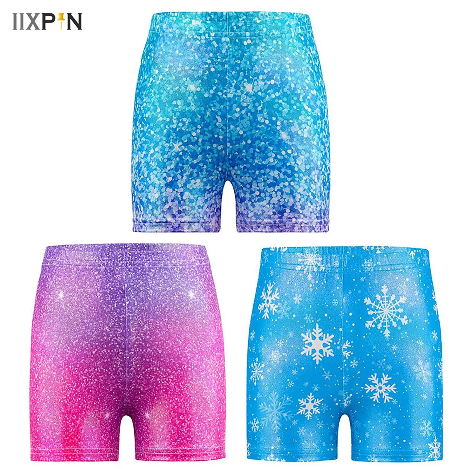 

3Pcs Kids Girls Dance Shorts Figure Skating Gymnastics Dance Training Performance Costume Elastic Waist Metallic Printed Shorts