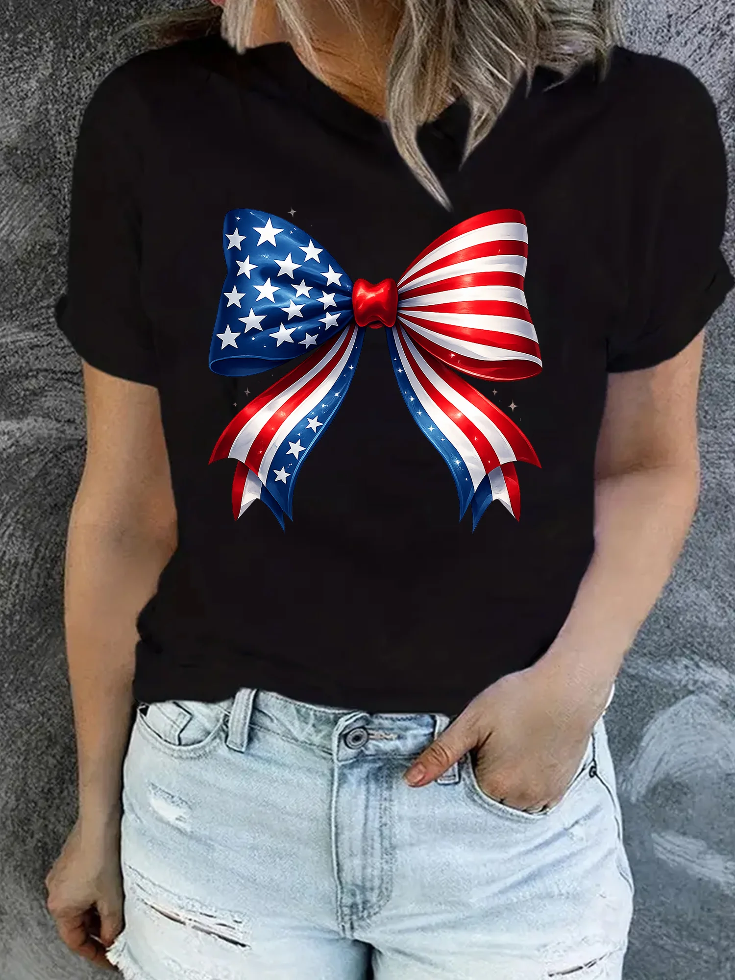 Women's Casual Plus Size Short Sleeve T-shirt with USA Flag Bow Print, Regular Round Neck Tee for Summer Parties Casual Party Wear