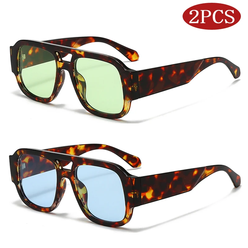 2 uds gafas de sol cuadradas de Color caramelo a la moda para mujer montura grande gafas de sol de doble puente gafas de sol Retro de piernas anchas para hombres gafas de sol