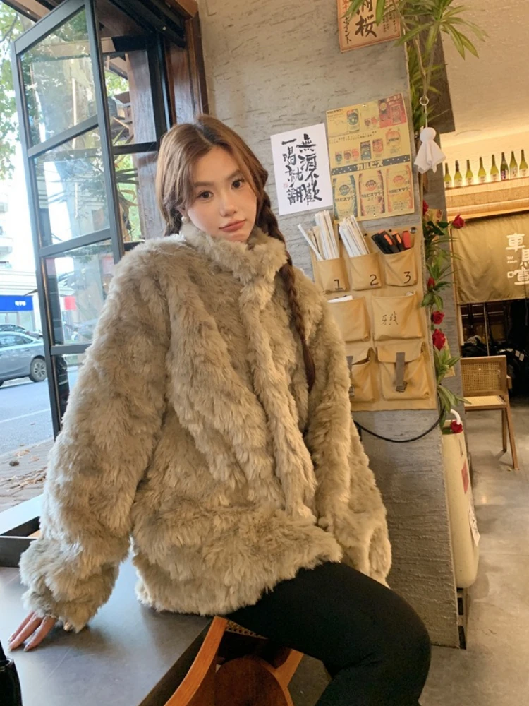 Winter Faux Fur Coat Stand-Up Collar Shearling Coat for Women Korean Fashion Mid-Length Fur Coat Loose Casual Plush Clothing New