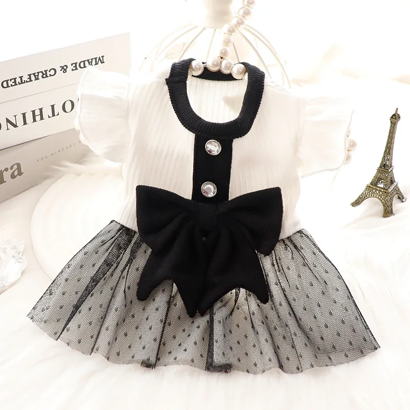 Vestido de luxo para cães de pequeno porte, roupa de primavera para cães, colete preto com laço para filhotes, saia de princesa para gatos, chihuahuas e bichons._voghion.com