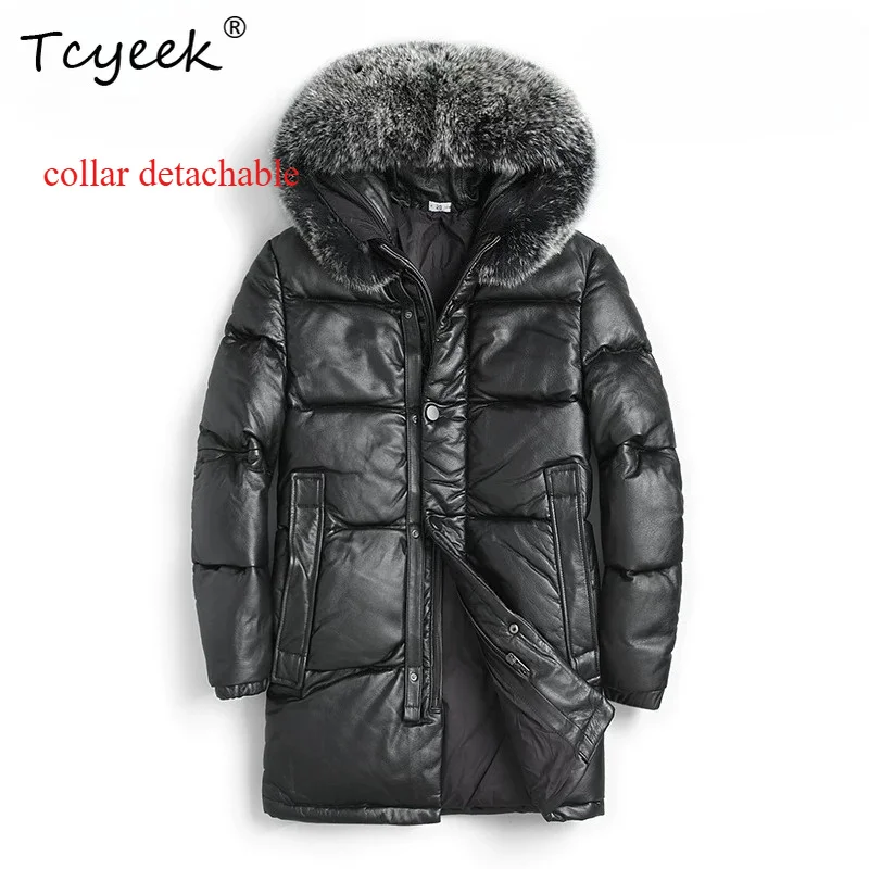 Tcyeek Natural Calfskin Real Leather Jacket Men Mid-length Down Coat Man Warm Sliver Fox Fur Collar Winter Clothes Down 500g