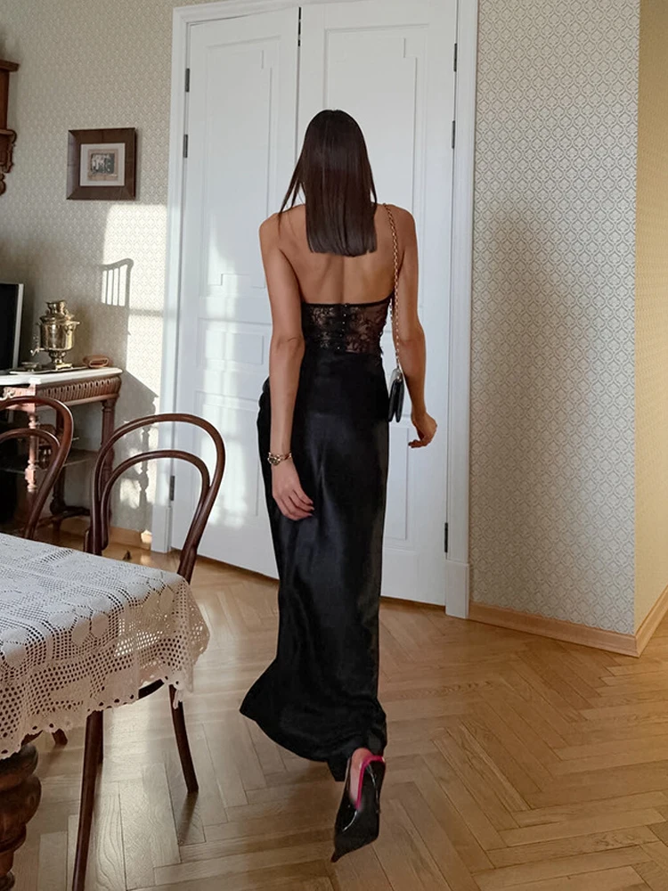 Black Lace See Through Top Set Women's Sexy Off-shoulder Halter Tops Satin Long Skirt Sets 2026 Lady Banquet Club Outfits view 3