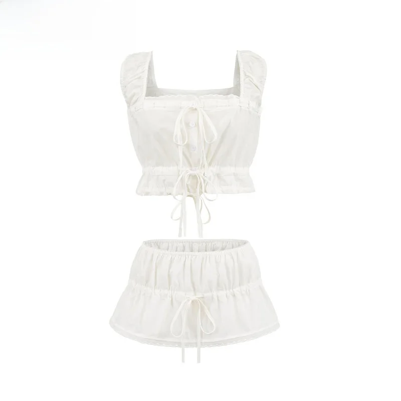 Conjunto de Dos Piezas de Top Corto con Volantes y Lazo de Mariposa y falda Elástica con Cuello Redondo para Mujer, Nueva...