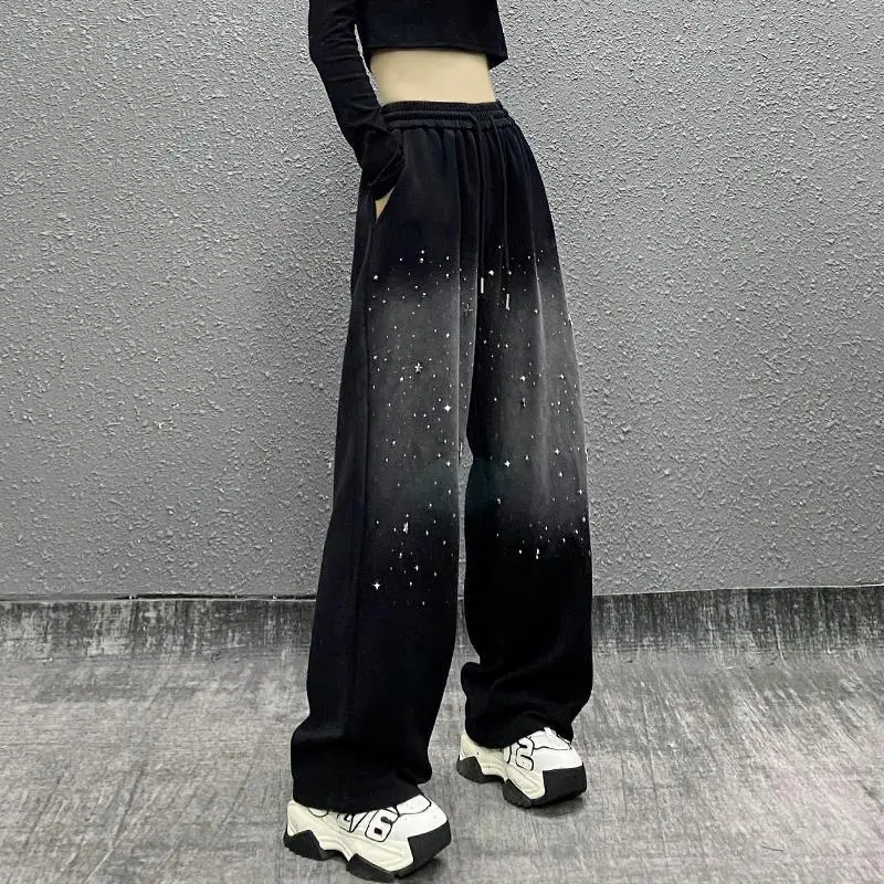 Women Clothing Trendy Vintage Casual Streetwear Harajuku Y2K Sports Baggy Pants Female Oversized Rhinestone High Waist Trousers