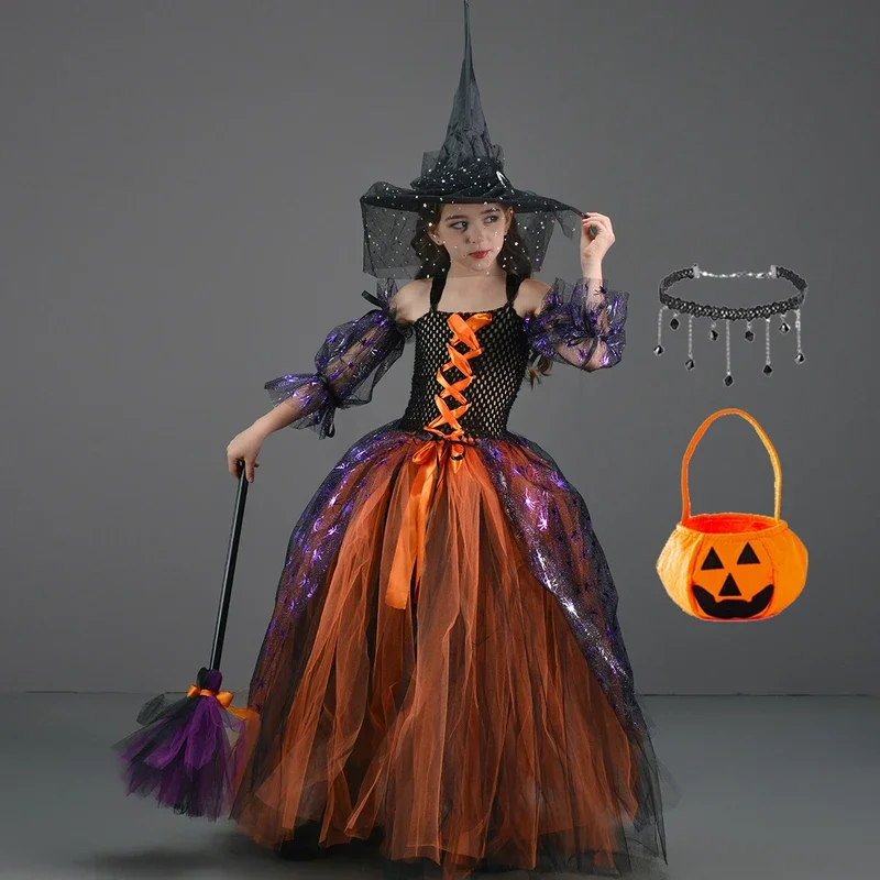 2024 Girl Evil Queen Cosplay Costume Kids Halloween Party Stage Performance Witch Dress Tulle Tutu Floor Length Princess Outfit