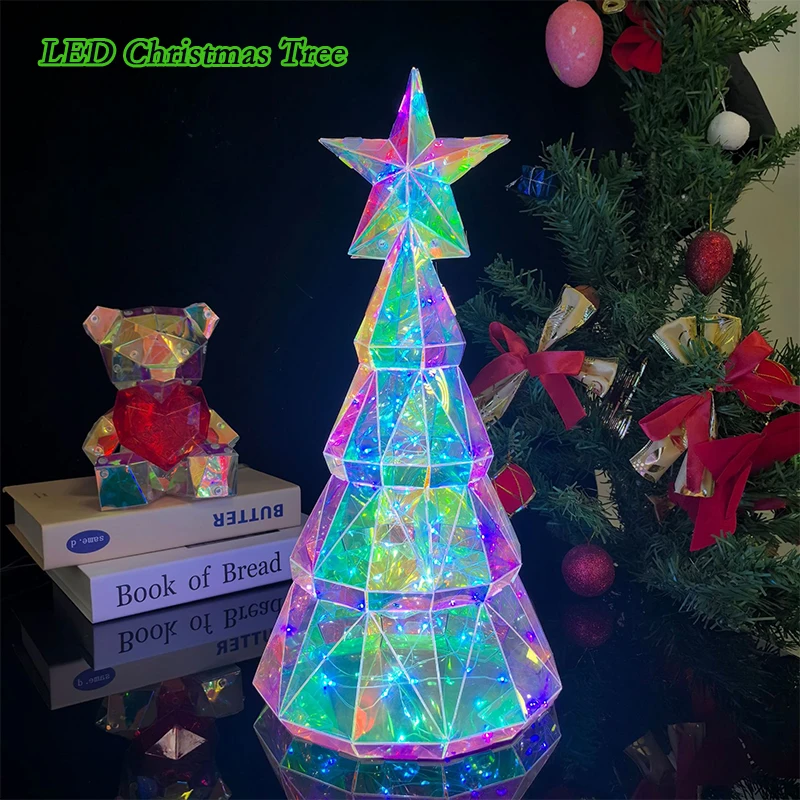 LED Christmas Tree Table Lamp Iridescent Colorful Bedroom Decorations USB Desktop Ornament Home xmas Decoration