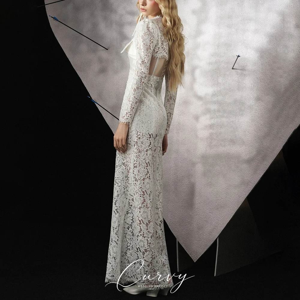 Curvy Romantic Wedding Dress Sweetheart Neck Long Sleeve Lace Bow Front High Waist Bridal Gown for Women 2026 Customized