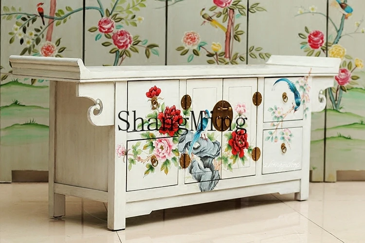 

ZYY Chinese-style painted furniture antique warped head four buckets double door locker porch TV cabinet