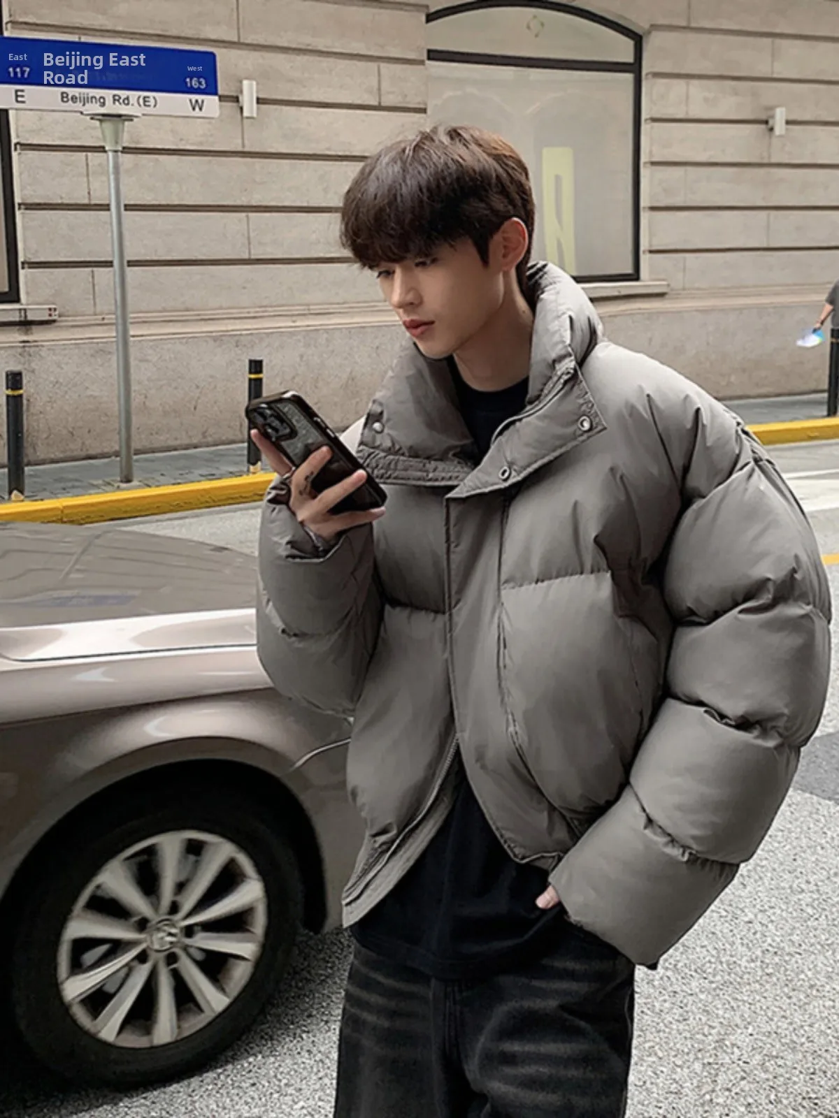 

Boxy ort Puffer Jaet Men's Winter Thiened High-End Bread Sle Lazy Cotton Coat Warm Long Sve Zipper Closure Pure Color