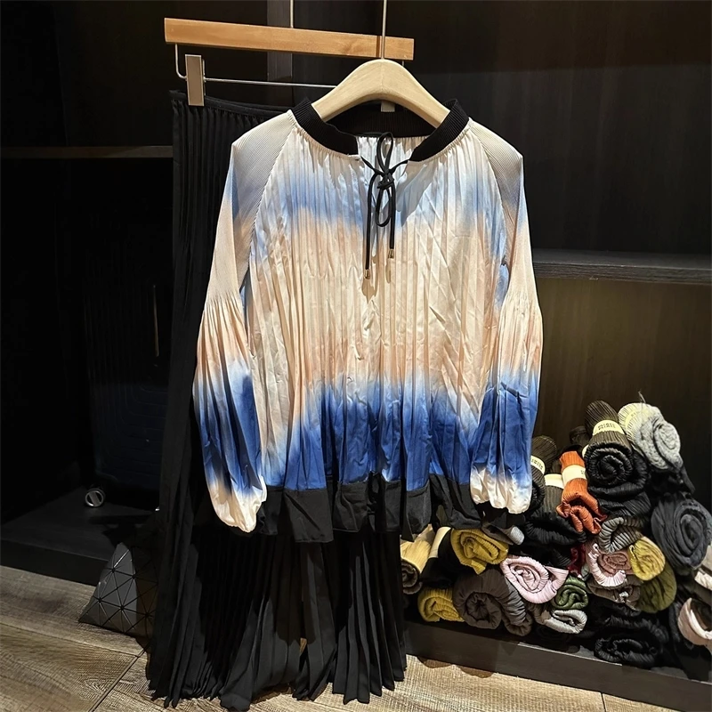 2025 Autumn Casual Pants Two-piece Sets High-end Pleated Women's Set Gradient Color Long Sleeve O-neck Tie Loose T-shirt and