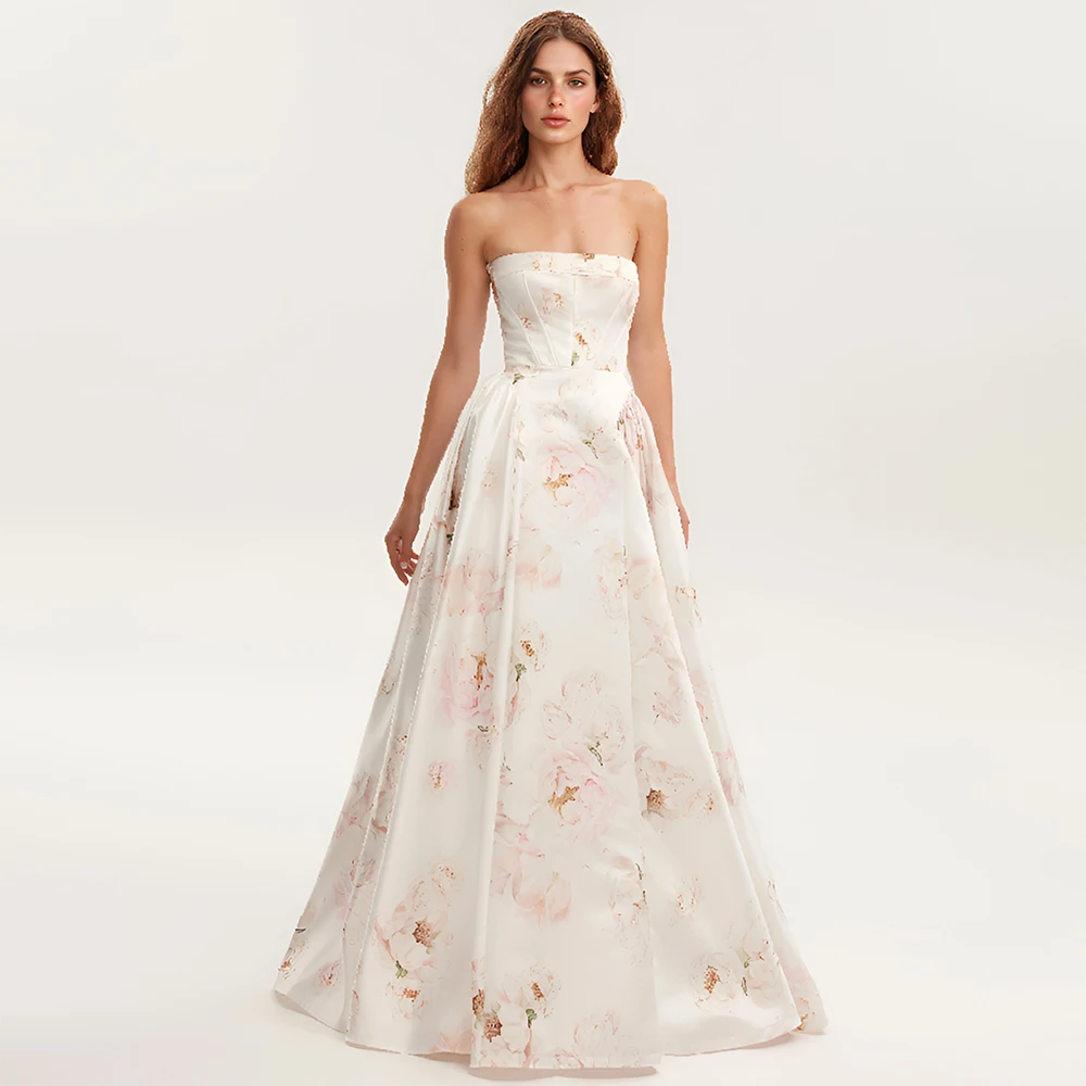 

ESBRIDE Quality Evening Dresses Strapless Floral Print Prom Dresses Floor Length Sleeveless Elegant Gown Party Woman Dress
