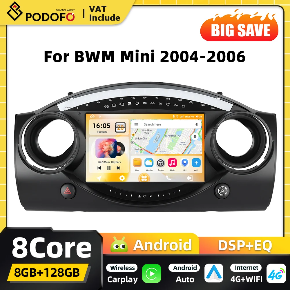 Podofo 8 Core Wireless Carplay 2 din Android Auto Autoradio für BWM Mini 2004-2006 Snapdragon GPS Navigation DSP WIFI FM RDS BT