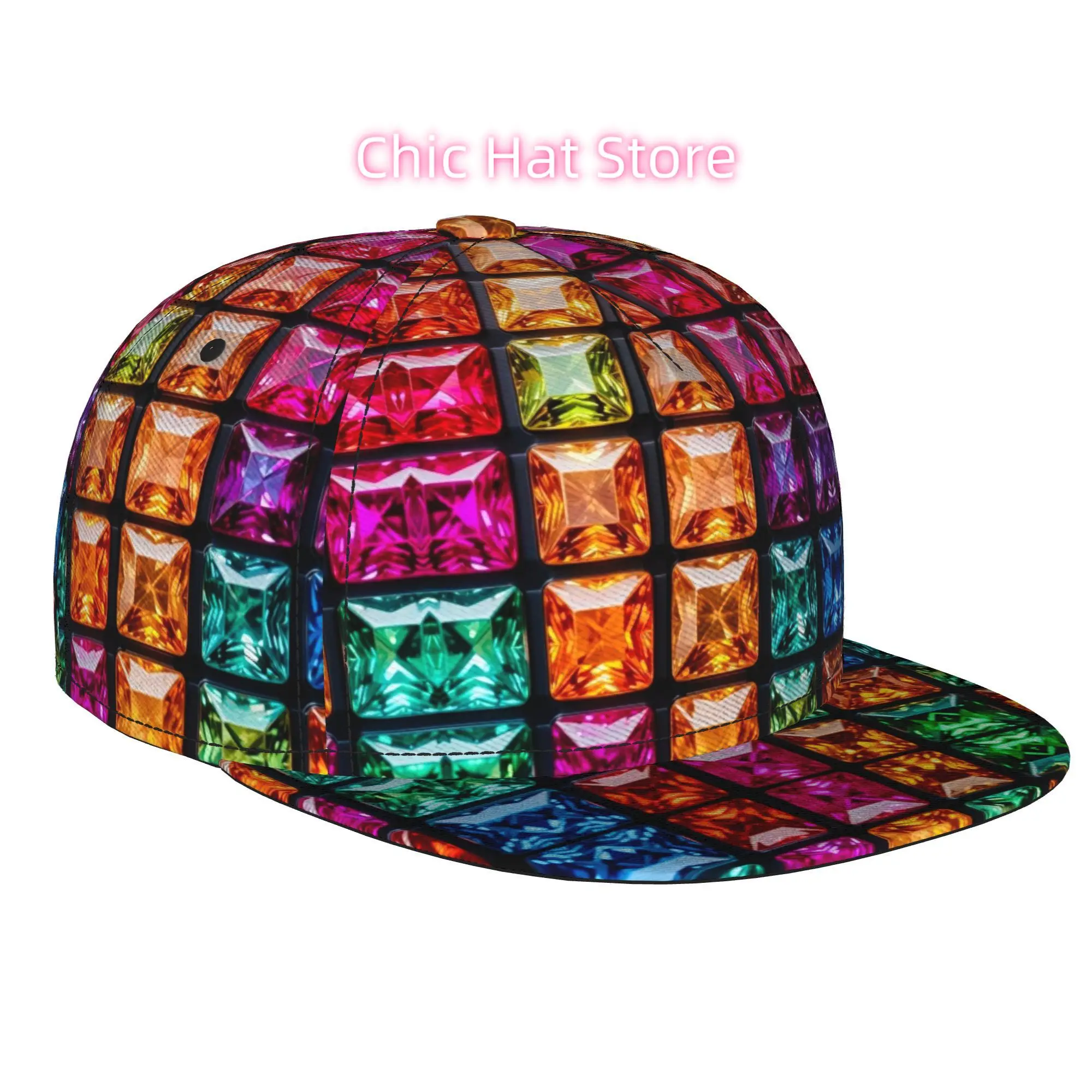 1pc Rainbow Gemstone Grid Fully Printed Hip-hop Caps, Stylish Flat-brimmed Baseball Caps, Trucker Caps, Golf Capssports Outdoor