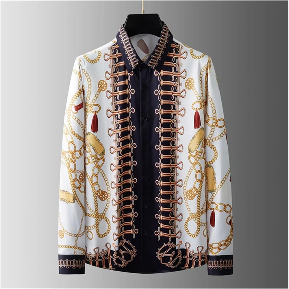 قميص رجالي فاخر مطبوع، قميص كاجوال بأكمام طويلة، موضة حضرية، عصري، مقاس كبير جدًا، S-5XL للرجال خالي من الحديد