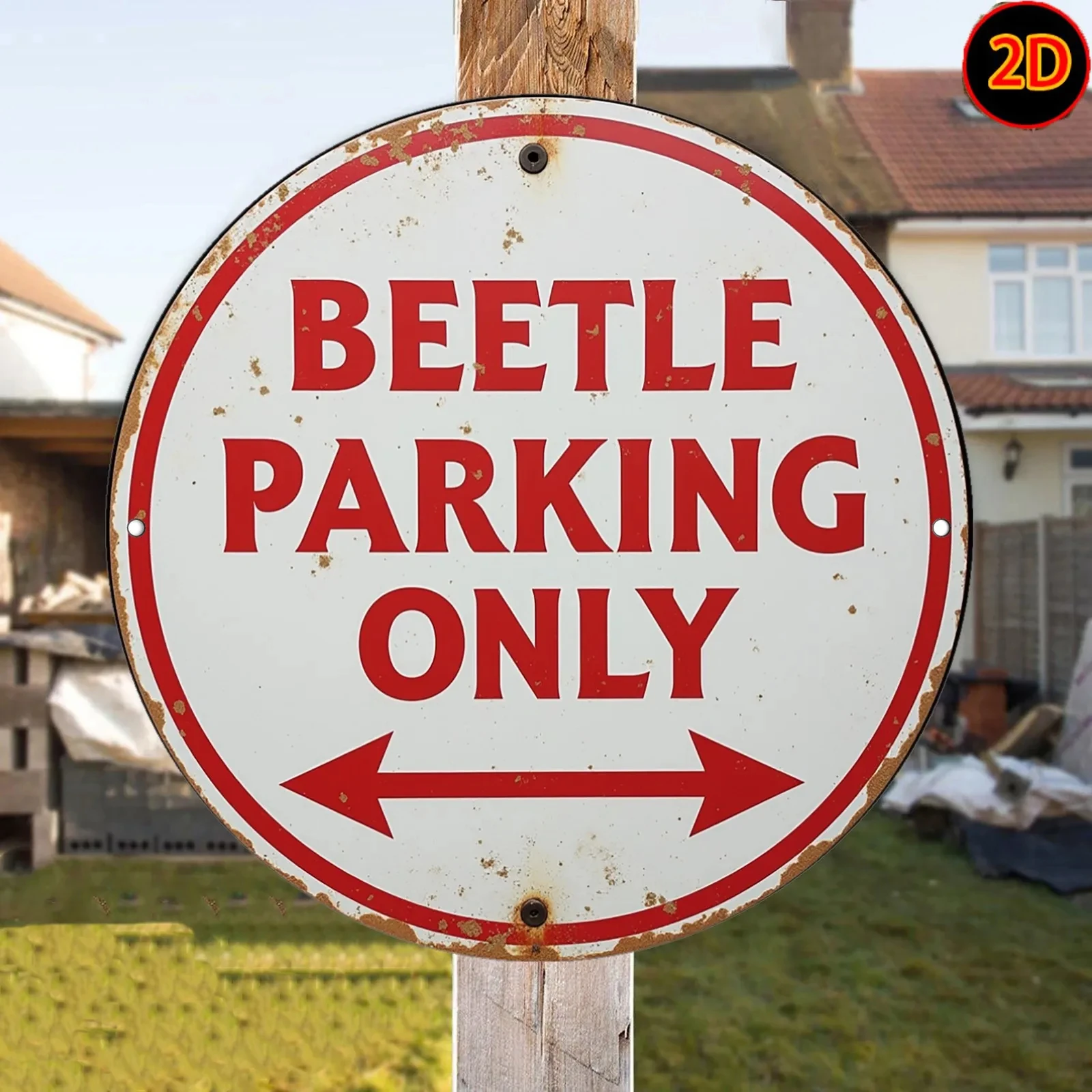 2D Flat - [2D Flat] Vintage Round Metal Sign - Beetle Parking Only, Aluminum Wall Art for Home, Bar, and Outdoor Decoration, 7.87X7.8