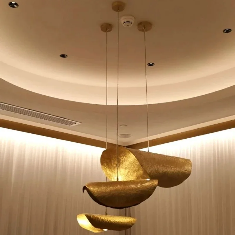 Designer Lotus Leaf Hat Copper LED Pendant Lamp for Living Room Restaurant Light Bar Furniture Decor Hanging Pendant Lights E14