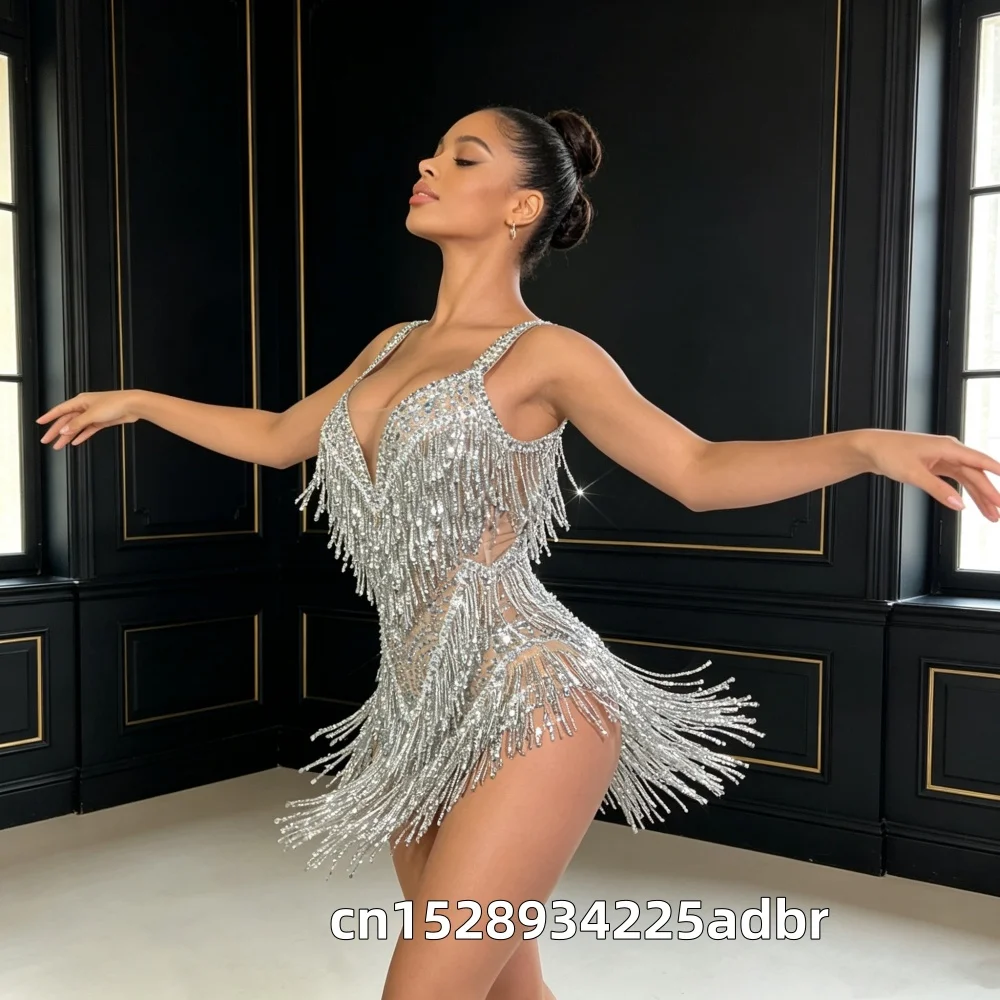Sparkly Rhinestones Sequins Tassel Bodysuit for Women Latin Through Performance Dance Costume Singer Dancer Stage Wear
