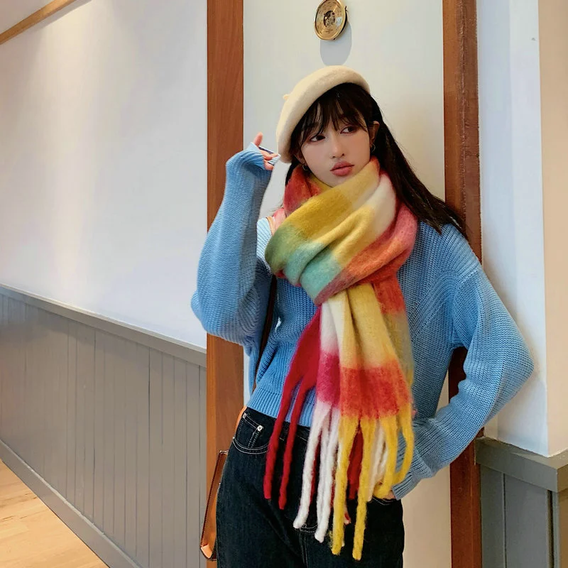 2022 Korean fashion Brand Women Scarf Winter Pashmina Shawls Cashmere Thick Wraps Lady Tassel Warm Scarves Rainbow Hairy Bufanda