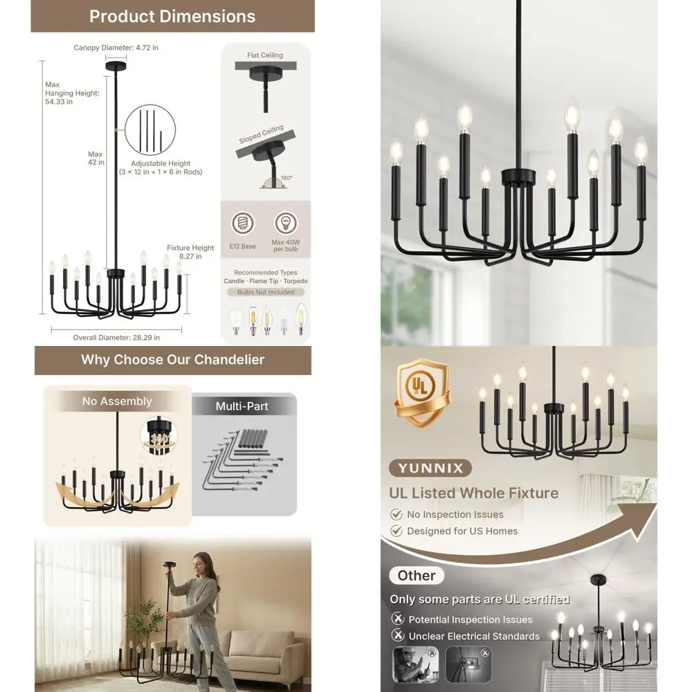 

10-ламповая матовая черная люстра, подходит для столовой, подвесные светильники из кованого железа, идеально подходят для спальни, кухни и гостиной