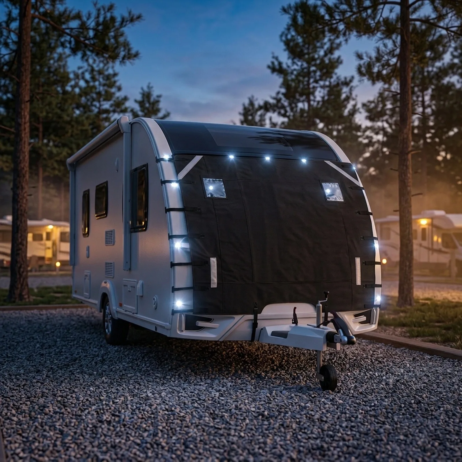 RV Front Cover Constructed with Wear-Resistant 210D Polyester with 4 Reflective Strips and Two Illuminated Markers