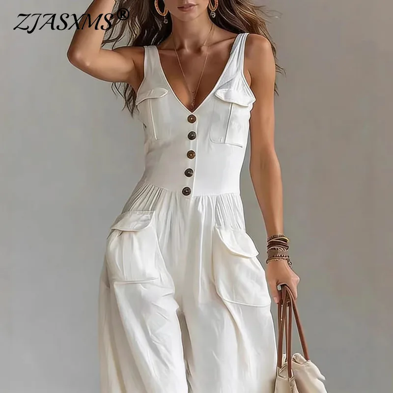 Sexy V Neck Button Wide Leg Jumpsuit Elegant Solid High Waist Woman Romper 2026…