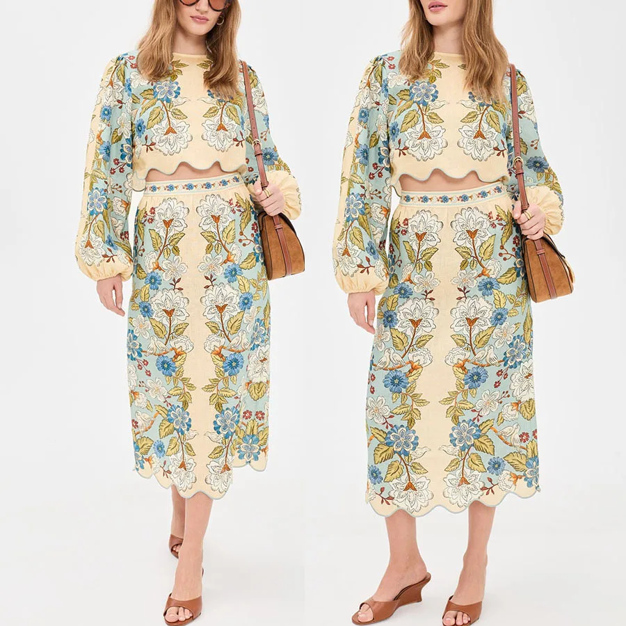 

2026 European and American spring and summer new long-sleeved positioning printing set INS loose vacation skirt two-piece set