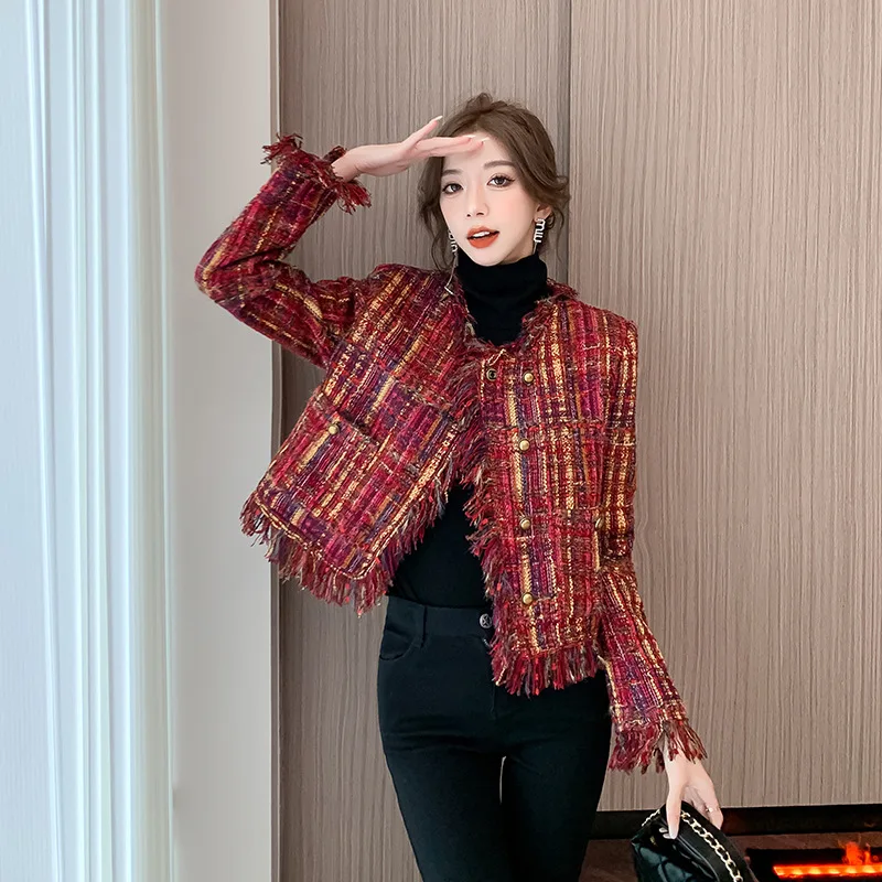 Women Autumn New Round Neck Fleece Edge Oblique Buckle Woven Wool Duvet Fragrant Coat Tweed Jackets