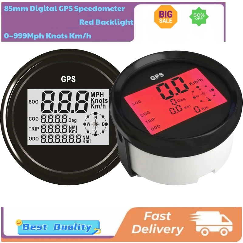 

Auto 85mm Digital GPS Speedometers Odometers Marine Gauges 0-999Km/H Mph Knots Show 9-32v with Red Backlight and GPS Antenna