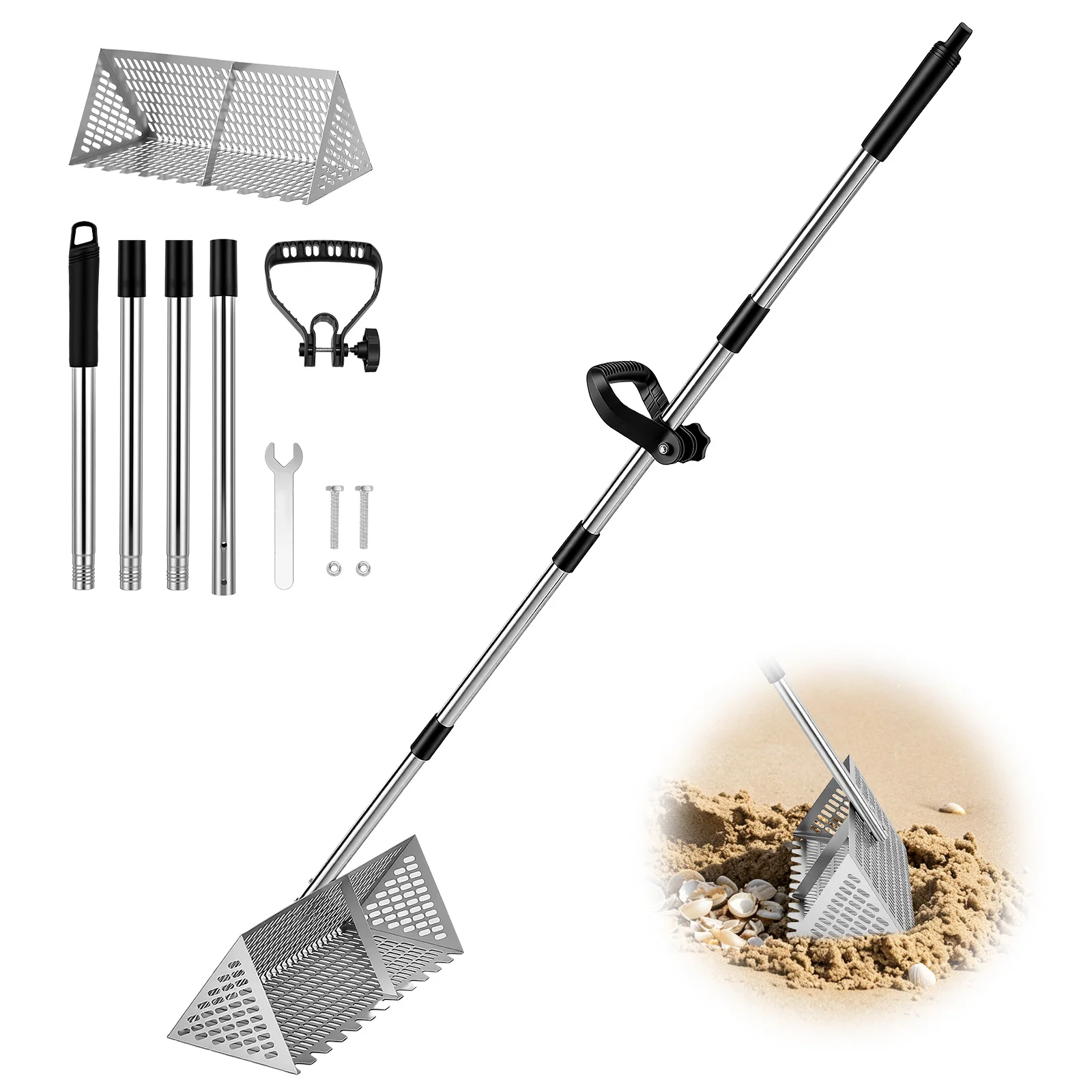 Beach Rake, Sand Flea Rake, Sand Sieve Made of Stainless Steel with Wide Trapezoidal Basket, Sand Rake for Beach, Removable Sand Rake with Long Handle, Sharp Teeth, Foldable Sand Flea Trap for the