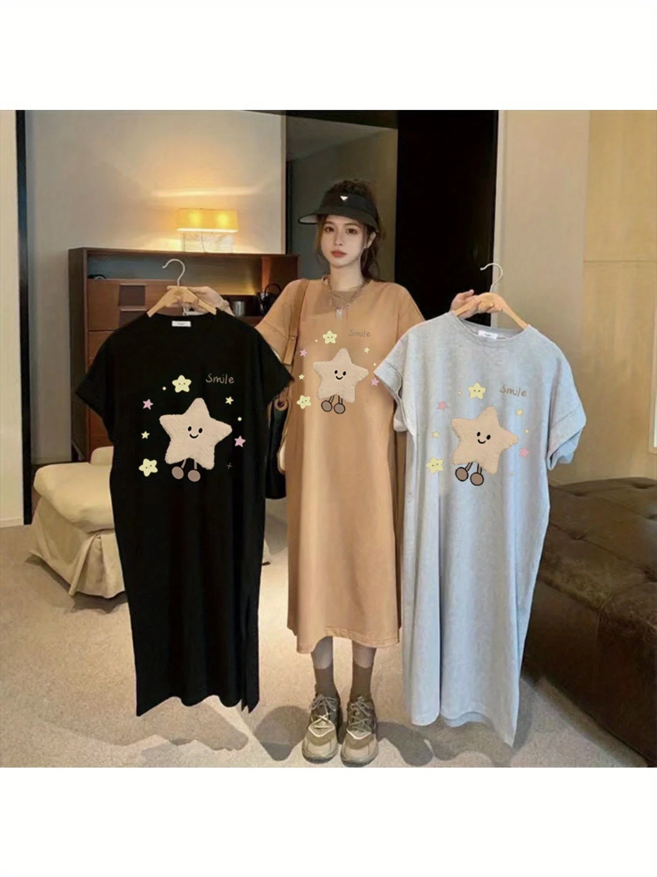 تي شيرت كسول بأكمام قصيرة للصيف، تنورة طويلة للركبة غير رسمية، ملابس نسائية كبيرة الحجم