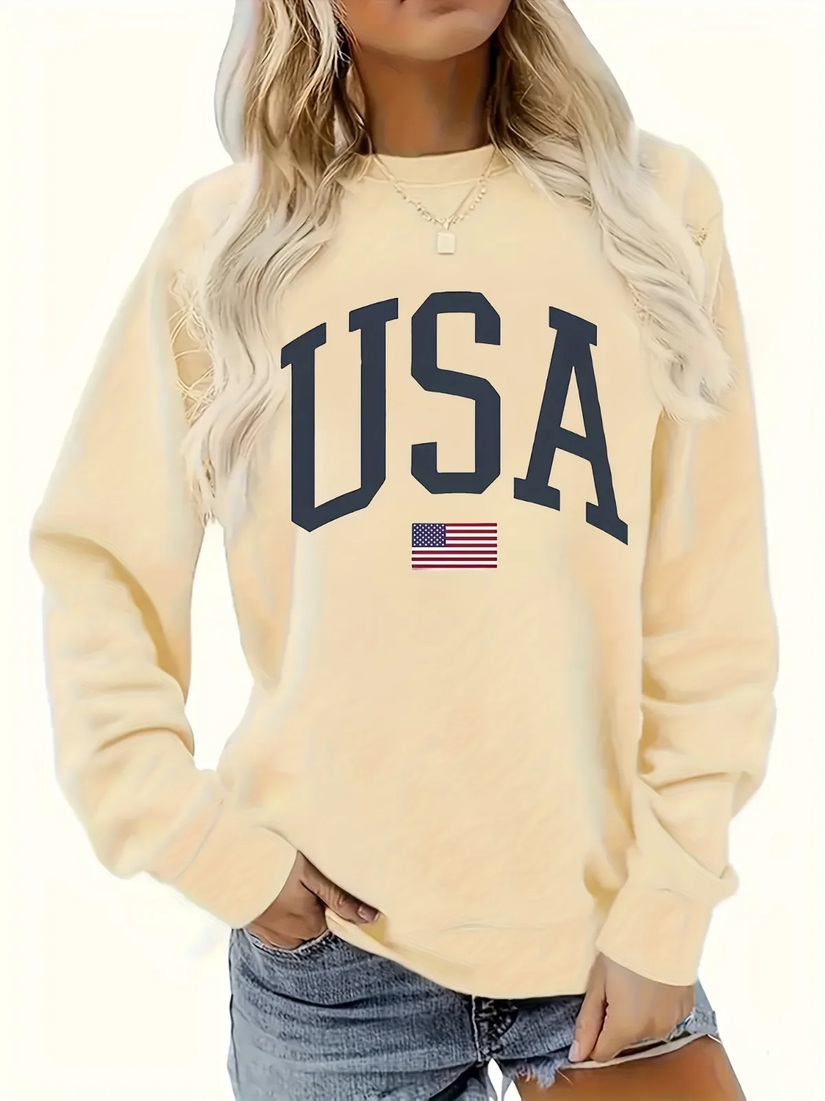 Damska bluza z nadrukiem flagi amerykańskiej, miękka, z okrągłym dekoltem, do prania w pralce, idealna na prezent świąteczny.