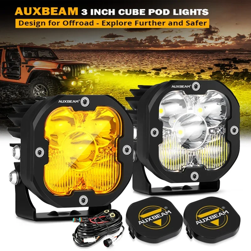 Auxbeam 3 Inch 80W LED Work Lights Driving Light Pods with DT Harness for Truck Pickup Offroad (Amber&White)