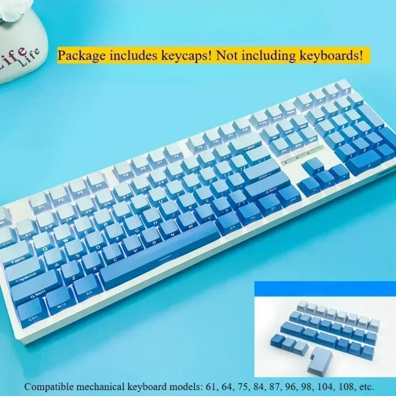 2026 New Sky Blue Gradient Side Engraved Backlit 133+ Mechanical Keycaps PBT Double Shot Original Height For Mechanical Keyboard