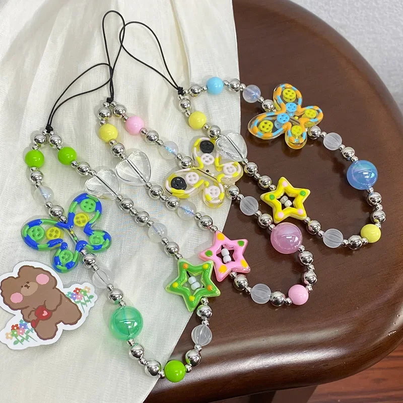 Colorful Hand-painted Butterfly Beaded Mobile Phone Chain  For iPhone Lanyard Short Wrist Love Pendant  Anti-loss Hanging Rope