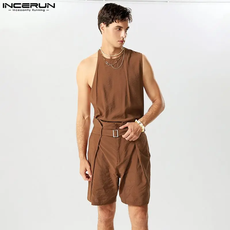 2023 Men Sets Solid Color Loose Streetwear O-neck Sleeveless Irregular Tank Tops & Shorts 2PCS Men\'s Casual Suits S-5XL INCERUN