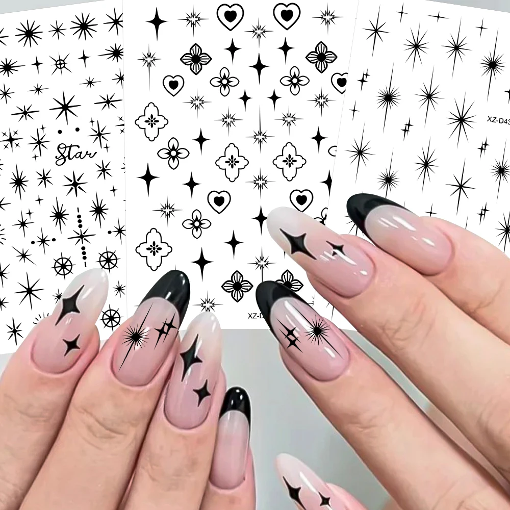 ﻿12pcs Y2k Black Sun/Moon Nail Art Sticker 3D Metal Star,Snake,Geometric lines Zodiac Signs Nail Decals DIY Nail Tips Decoration