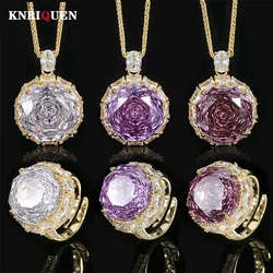 Retro Trend Pink Quartz Amethyst Gold Color Pendant Necklace Rings for Women Gemstone Lab Diamond Wedding Jewelry Sets Girl Gift