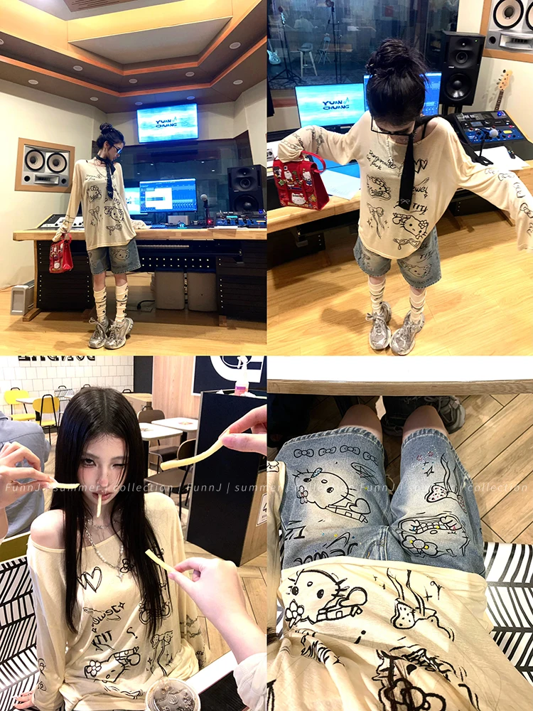 Hotsweet Cartoon Graphic T Shirts Women Clothes Yellow Long Sleeve Japan Style Hello Kitty 2000s Clothes Y2k Kawaii Autumn Tops