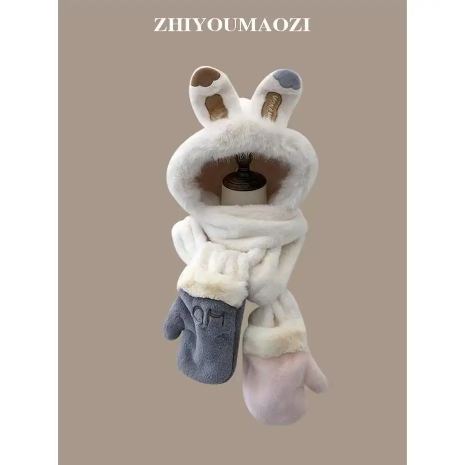 مجموعة قبعة وأذن أرنب قطيفة ووشاح وقفازات - شتاء دافئ 3 في 1 للنساء #3