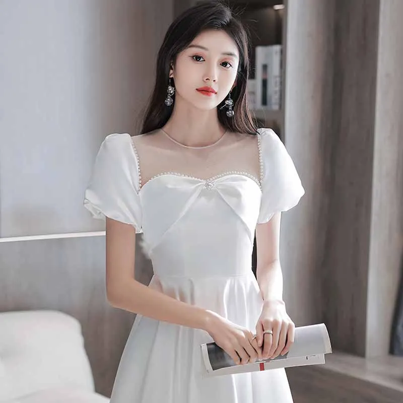 

White Satin Evening Party Dress Engagement Certificate Qipao Bubble Sleeves Medium Length Cheongsam Traditional Chinese Vestidos