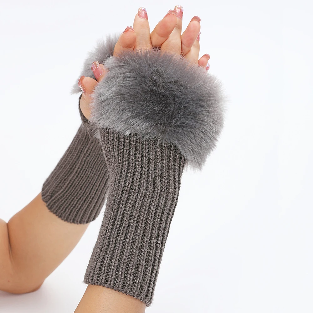 

New Autumn Winter Knitted Gloves Soft Thicken Warm Mittens Imitation Fur Half Finger Gloves Solid Color Women Plush Elbow Gloves