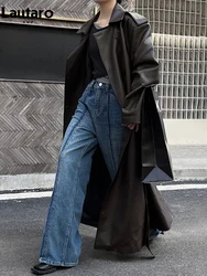 Lautaro-dames lange PU lederen trenchcoat, Europese en Amerikaanse catwalkmode, cool oversized, bruin, zwart, lente, herfst