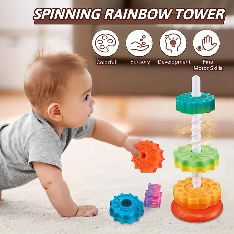 Montessori Rotating Rainbow Tower Baby Stacking Puzzle Toys Safety and Environmental Protection Colored Children's Toys