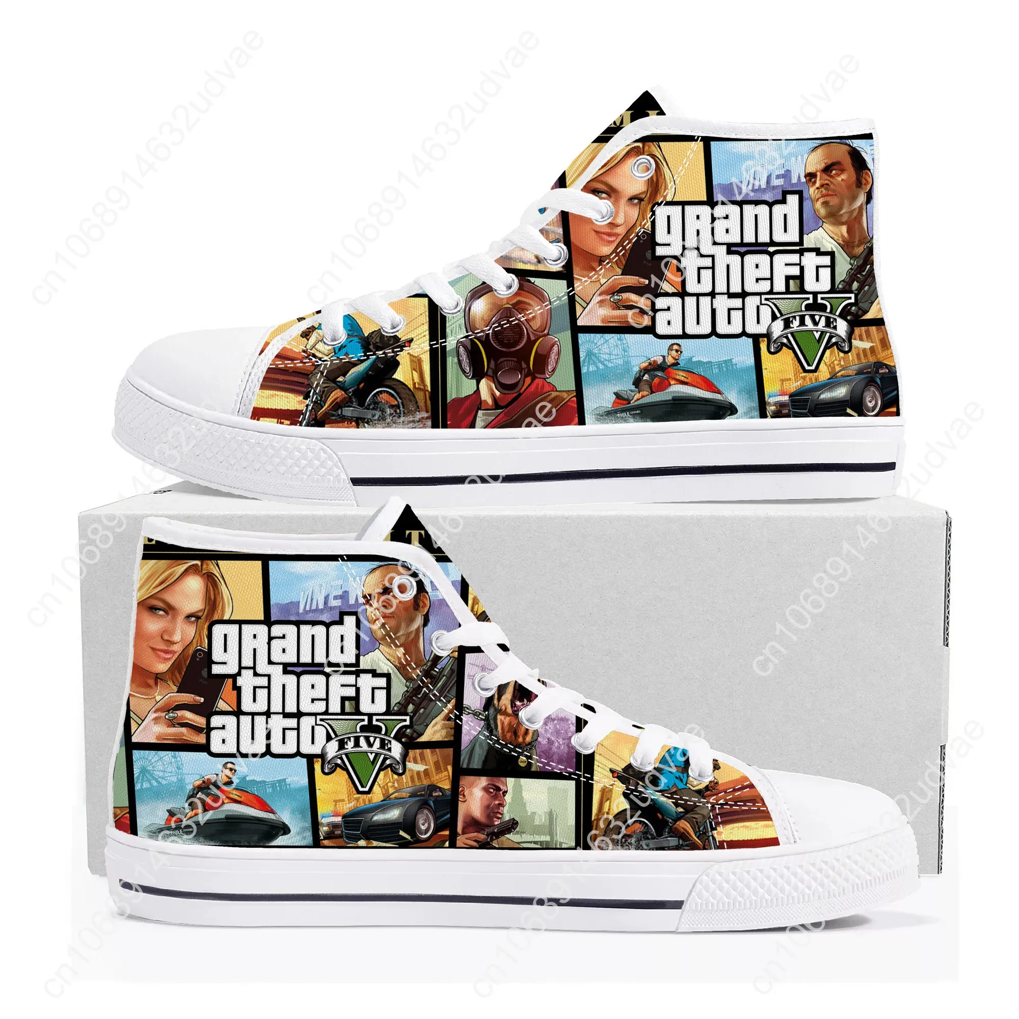 Grand Theft Auto GTA V 5 Zapatillas altas de lona para hombres y mujeres, zapatos casuales para parejas, zapatillas de deporte de dibujos animados de Anime, zapatos personalizados para adolescentes