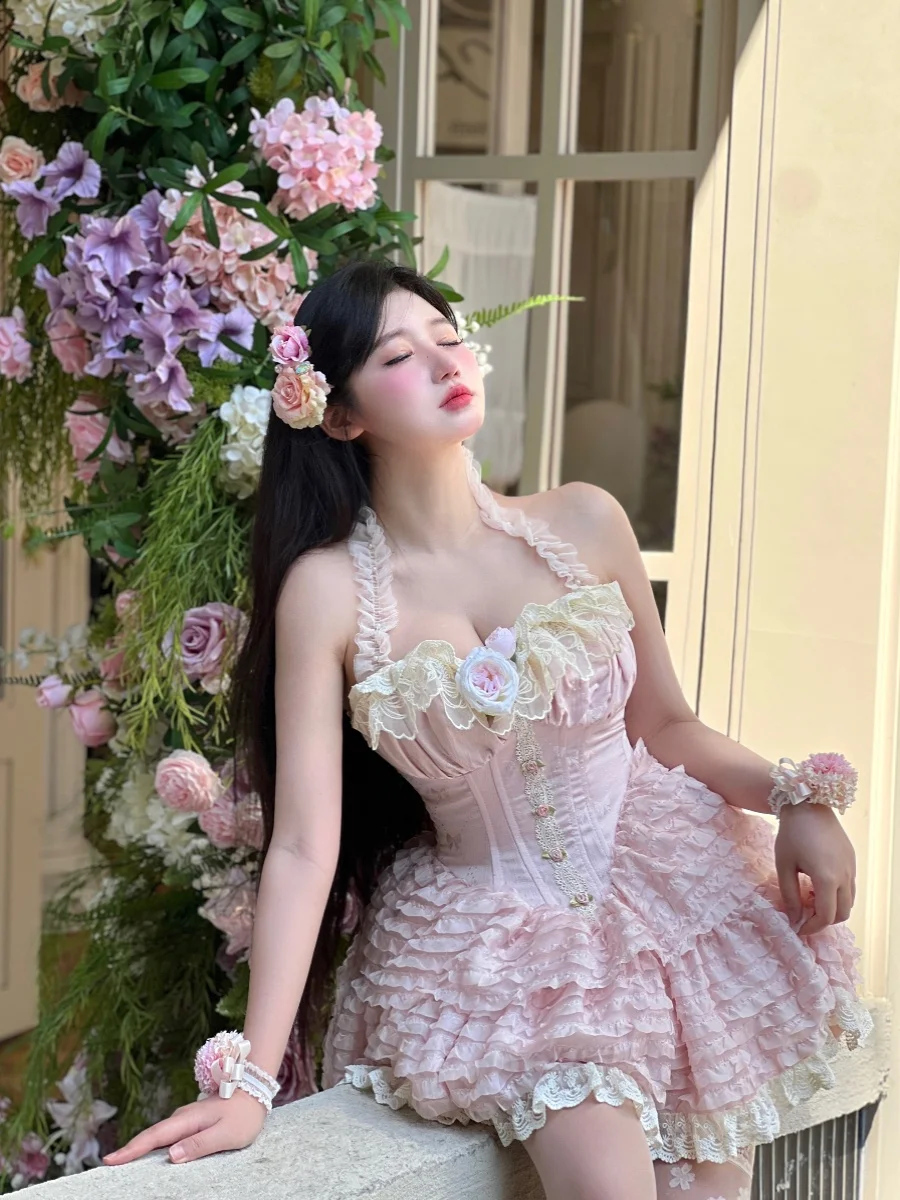 Women‘s Dresses 2024 Summer New Lolita Style Sexy Rose Halter Slimming Dress Fashion High Waist Elegant Above Knee Ladies Dress