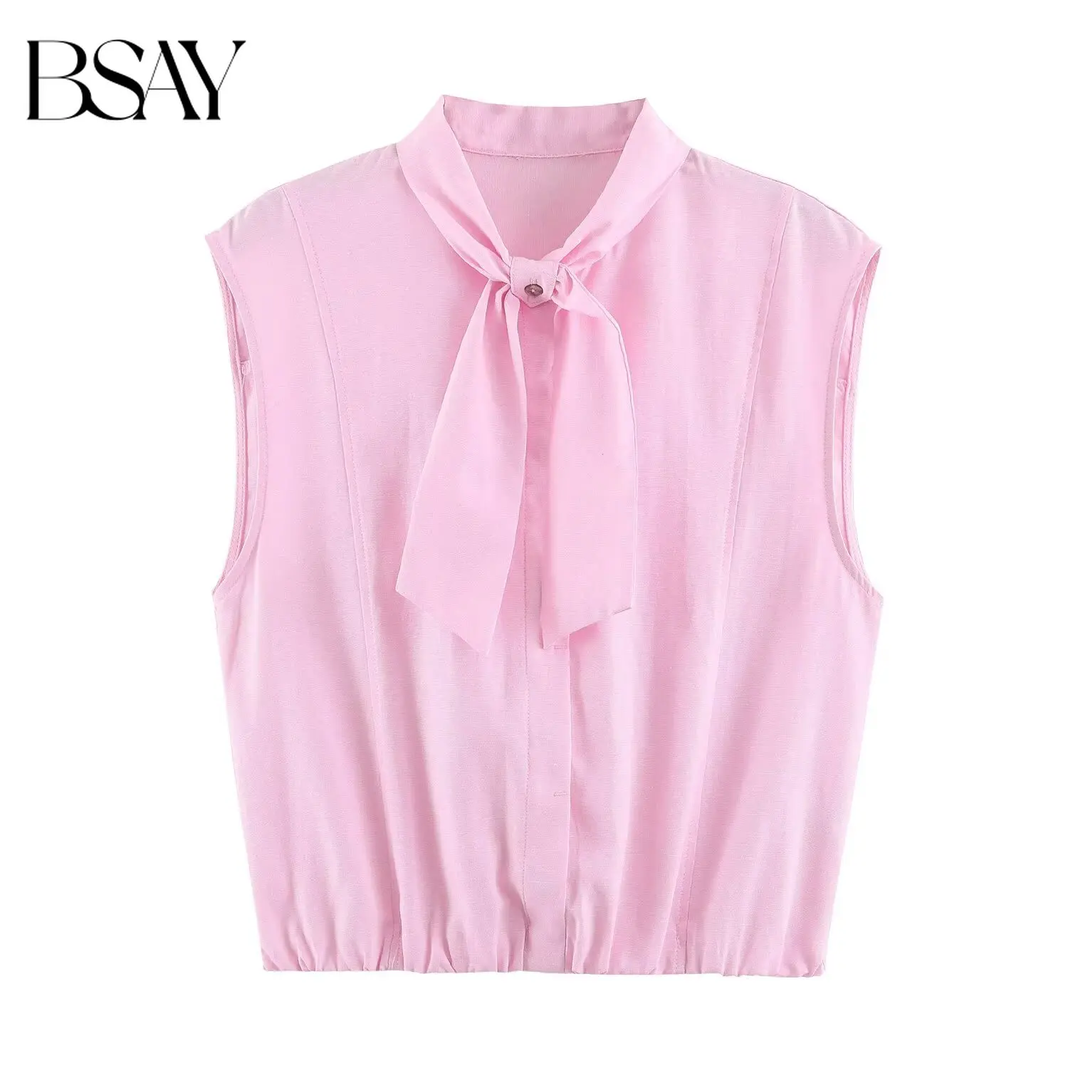 BSAY 2026 Damen Süße Französische Ärmellose Bluse mit Bindekragen, Knopfleiste vorne, Kurzes Hemd mit elastischem Saum, Elegantes Büro-Sommer-Tanktop