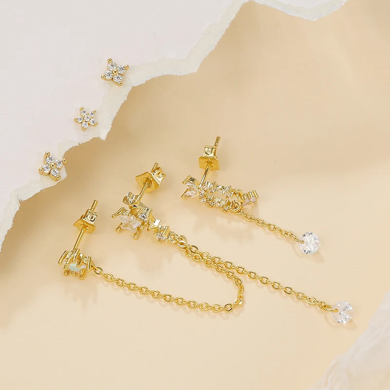 5 قطعة فاخرة مطلية بالذهب ستار سلسلة استرخى أقراط للنساء تشيكوسلوفاكيا زركونيا ثقب وأقراط امرأة مجوهرات الأزياء بالجملة