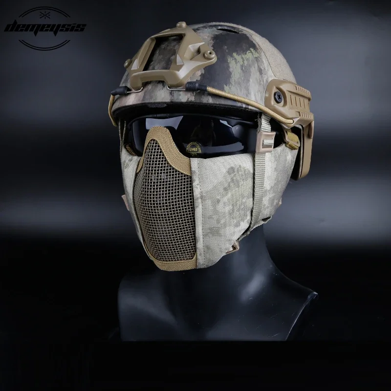 Camuflagem tática meia máscara facial metal aço net malha máscara caça máscara protetora airsoft máscara de proteção de ouvido