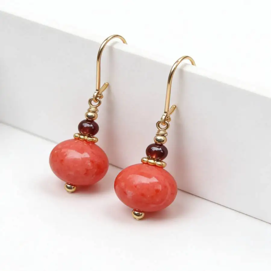 Pendientes Colgantes con Gancho de Pescado Chapados en Oro de 14K, con Cuentas Ovaladas de Coral Rosa Natural y Granate, Joyería Elegante Vintage con Piedras Preciosas